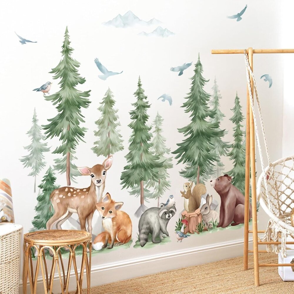 Mountain Tree Wall Stickers Large Pine Tree Forest Animal Bear Fox Peel and Stic